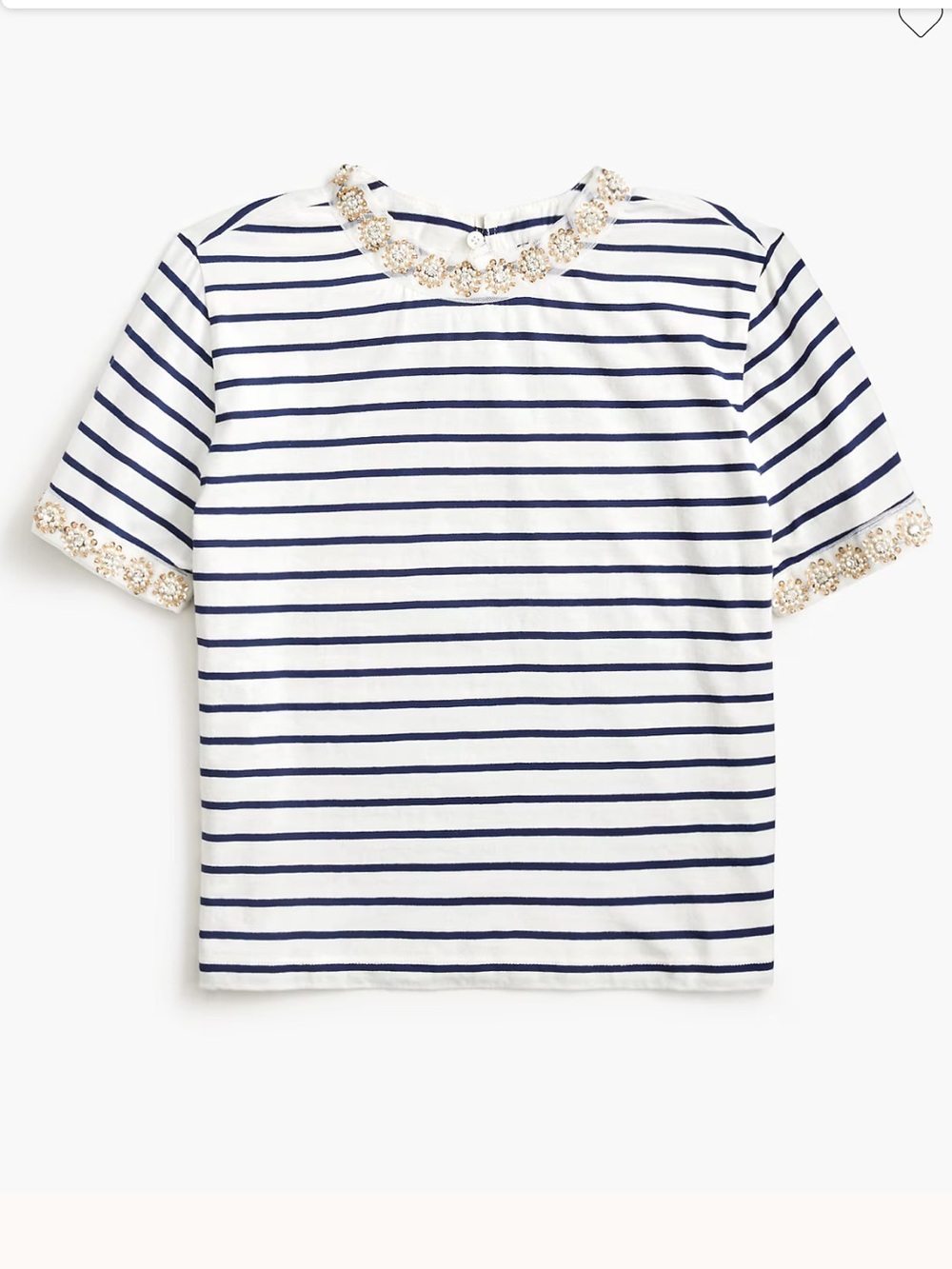 J.Crew Striped Embellished-Trim Tee 100% Cotton Size M NWT